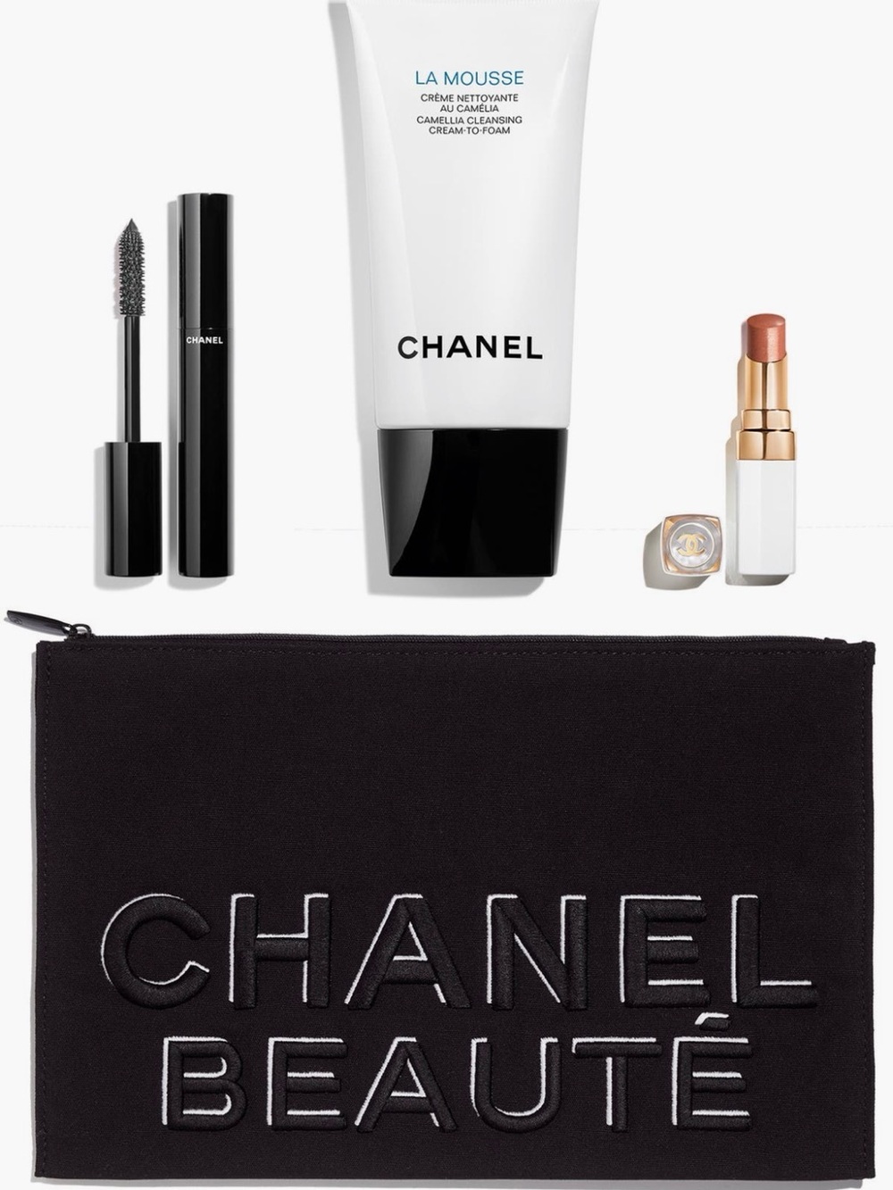 CHANEL BEAUTY Set: La Mousse, Volume Mascara &Rouge Coco Baume With Cosmetic Bag